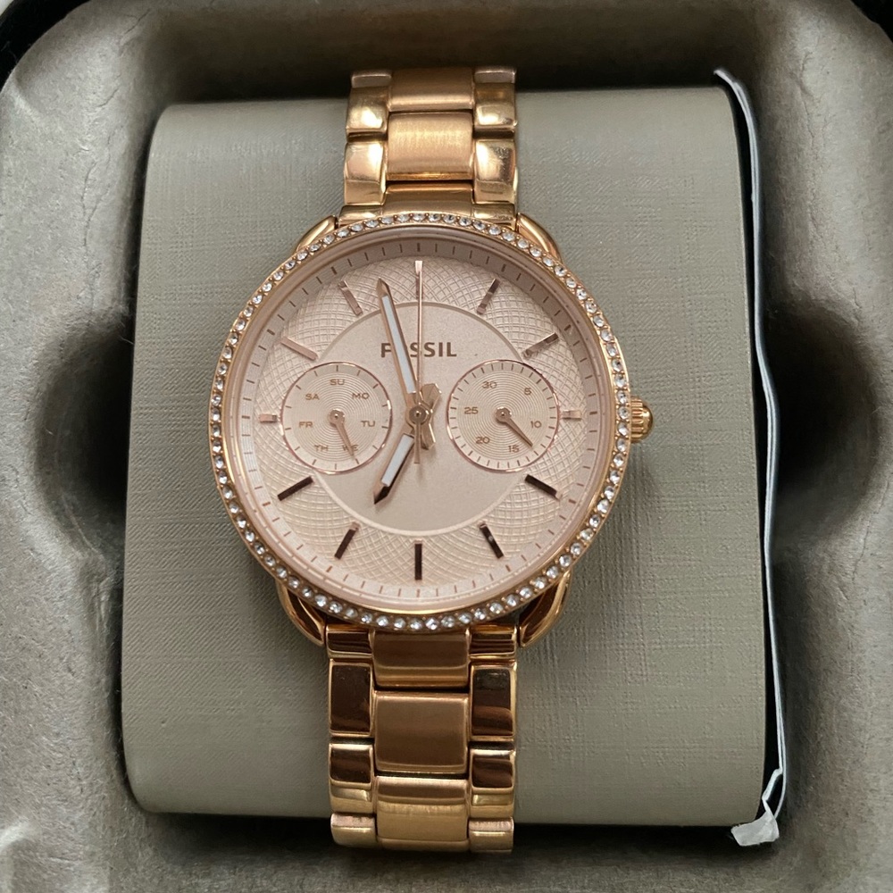 Tailor multifunction rose gold tone watch from fossil
